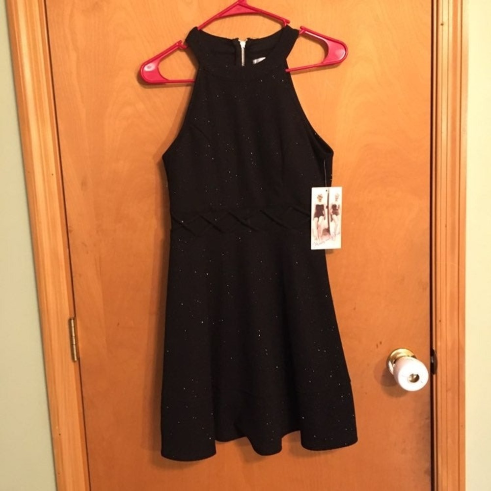 Honey and Rosie Skater Dress Women Large Black New Sparkly Halter Lattice Cutout